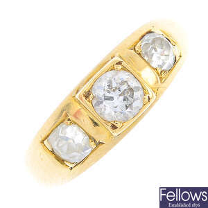 A mid 20th century 18ct gold diamond three-stone ring.