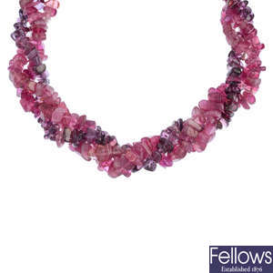 TIFFANY & CO. - a pink and purple tourmaline three-strand necklace, by Paloma Picasso.