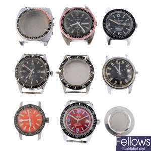 A group of six assorted vintage mechanical divers style watch heads.