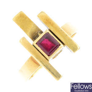 GRIMA - a 1960s 18ct gold ruby dress ring.