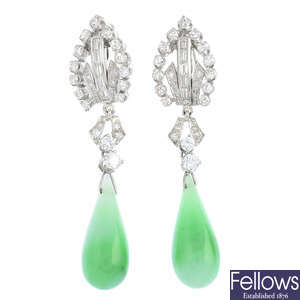 A pair of jade and diamond earrings.