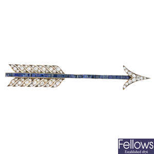 A mid 20th century silver and gold, sapphire and diamond brooch.