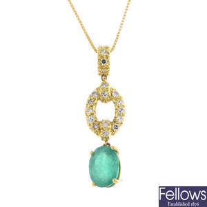 An emerald and diamond pendant, with a chain.