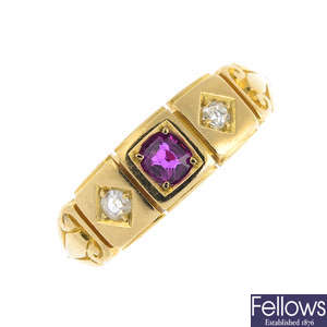 A late Victorian 18ct gold synthetic ruby and diamond three-stone ring.