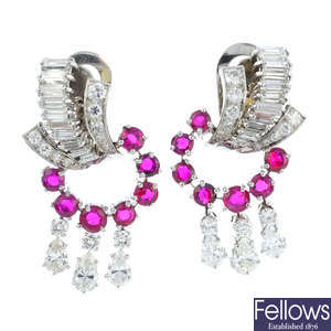 A pair of mid 20th century ruby and diamond earrings.