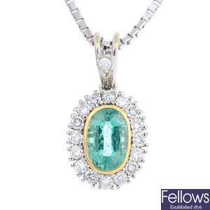 An emerald and diamond cluster pendant, with 14ct gold chain.