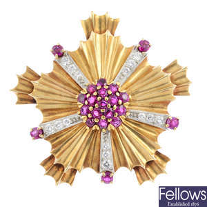 TIFFANY & CO. - a 14ct gold ruby and diamond brooch.