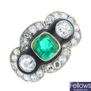 An emerald, diamond and enamel ring.