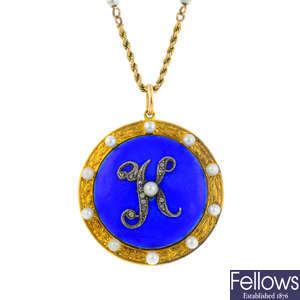 An early 20th century gold enamel, diamond and seed pearl pendant, with chain.