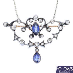 An early 20th century gold sapphire and diamond pendant, with chain.
