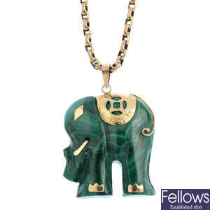 A malachite elephant pendant, with 9ct gold chain.