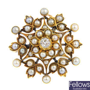 An early 20th century gold diamond and split pearl brooch.