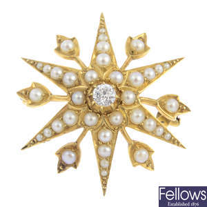 An early 20th century 18ct gold diamond and split pearl star pendant.