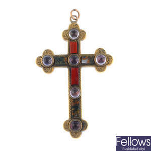 A late Victorian gold Scottish agate, jasper and rock crystal cross pendant.