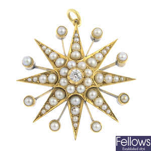A late Victorian gold diamond and split pearl star pendant.