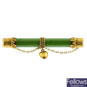A late Victorian 15ct gold nephrite jade brooch.