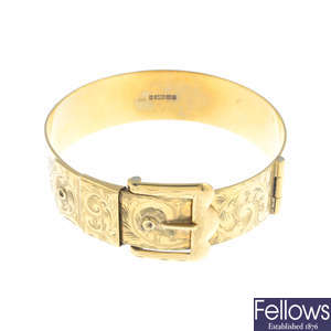 A mid 20th century 9ct gold bangle.