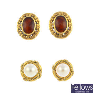 Three pairs of 9ct gold earrings.