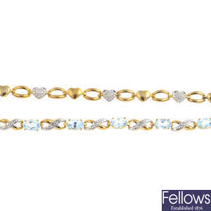 Two 9ct gold diamond and gem-set bracelets