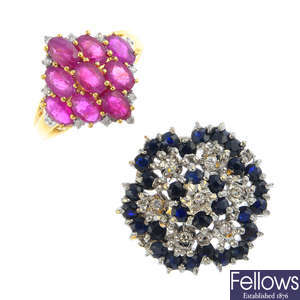 Two 9ct gold diamond, sapphire and glass-filled ruby rings.