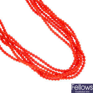 A six-row coral necklace.