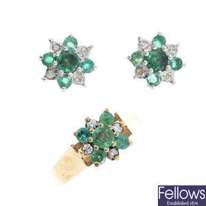 A 9ct gold emerald and diamond cluster ring, with matching earrings.