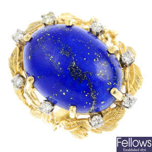 A mid 20th century lapis lazuli and diamond dress ring.