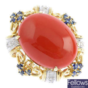 A coral, diamond and sapphire dress ring.