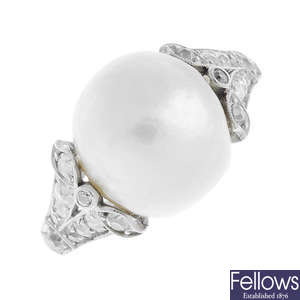 An Edwardian platinum natural pearl ring, with period silver heart-shape ring case.