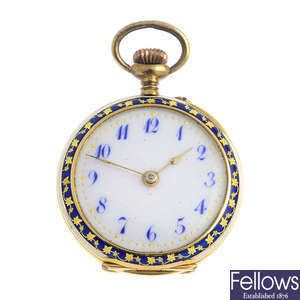 An early 20th century enamel and diamond fob watch.