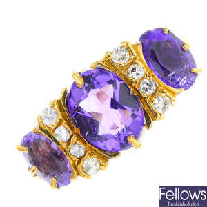 An 18ct gold diamond and amethyst dress ring.