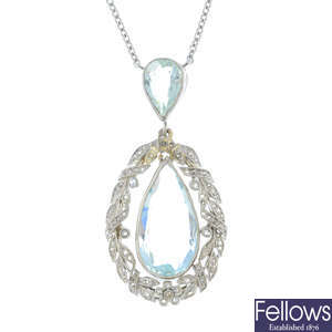 An aquamarine and diamond pendant, on chain.