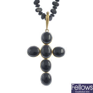 A late Victorian banded agate cross pendant, with paste chain.