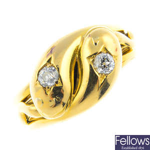 An Edwardian 18ct gold diamond snake ring.