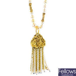 A 1970s 9ct gold, seed and cultured pearl tassel necklace.