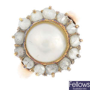 A Russian gold mabe pearl and diamond cluster ring.