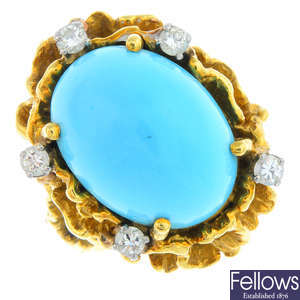 A 1970s 18ct gold turquoise and diamond ring.