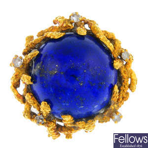 A 1970s 18ct gold lapis lazuli and diamond ring.