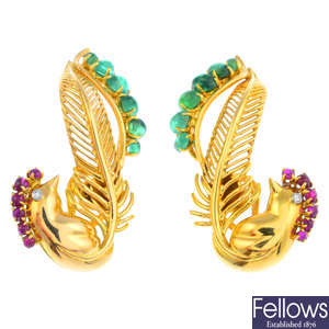 A pair of 18ct gold gem-set peacock earrings.