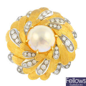 A 1960s 18ct gold mabe pearl and diamond brooch.