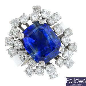 GRIMA - a 1970s 18ct gold sapphire and diamond cluster ring.