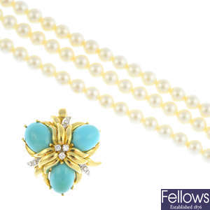 A cultured pearl three-row necklace, with 18ct gold, diamond and turquoise clasp.