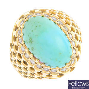 A turquoise and diamond dress ring.