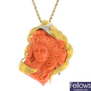 A 1980s 18ct gold diamond and coral pendant, with chain.