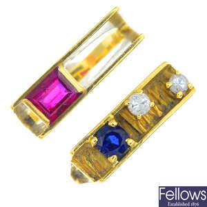 Two 1970s 18ct gold ruby, sapphire and diamond rings.