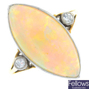 A mid 20th century 18ct gold opal and diamond ring.