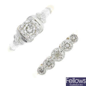Four diamond, sapphire and gem-set rings.