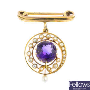 A mid Victorian 9ct gold amethyst and seed pearl brooch pendant.