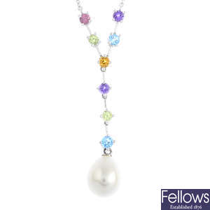 A 9ct gold cultured pearl and gem-set necklace.