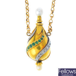 A late Victoiran gold, diamond and gem-set phial pendant.
